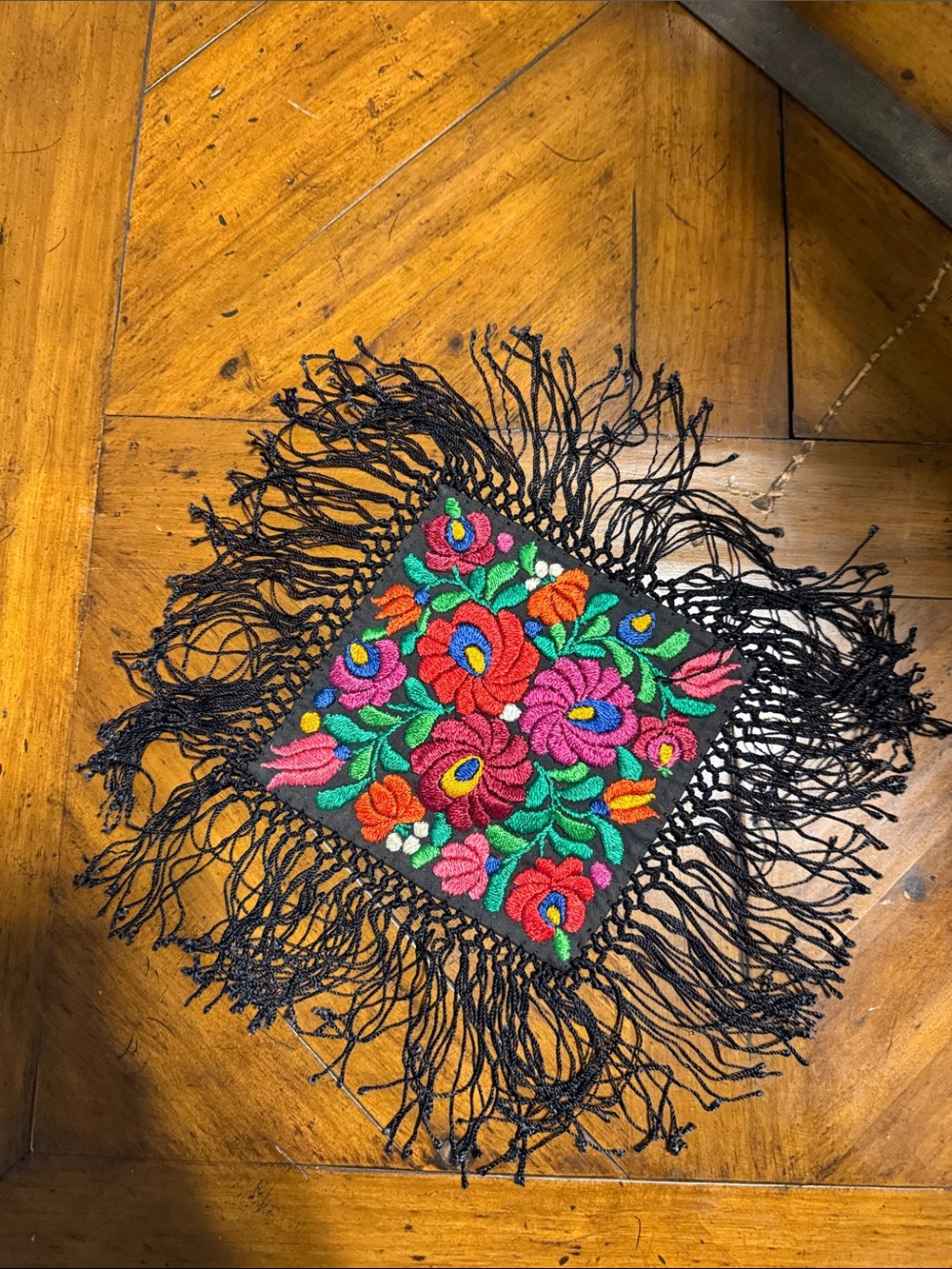 Embroidered Floral Fringe Accent mat - Black with Multicolor Flowers